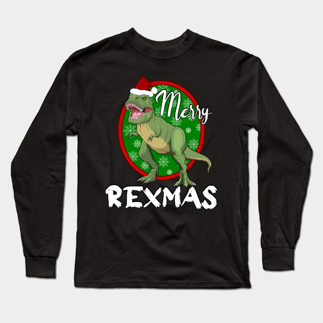 Merry Rexmas Christmas Dinosaur TRex Santa Hat Long Sleeve T-Shirt by RongWay